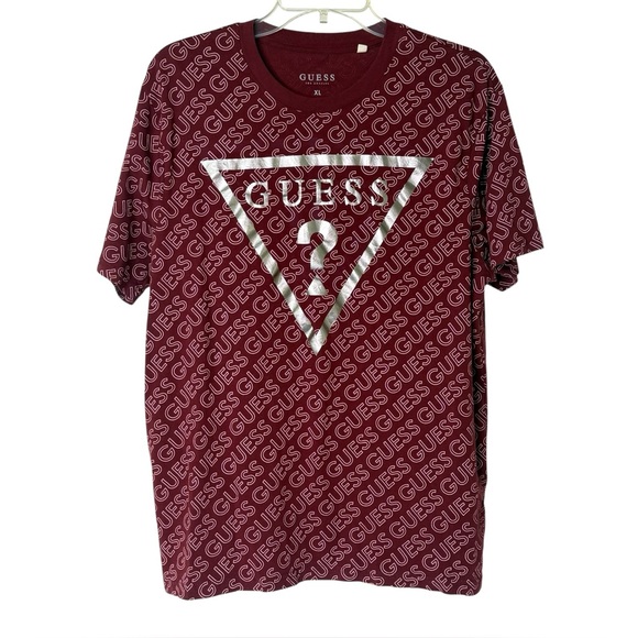 Guess Short Sleeve T-Shirt Maroon Men's XL Silver Logo All Over print - Picture 1 of 6